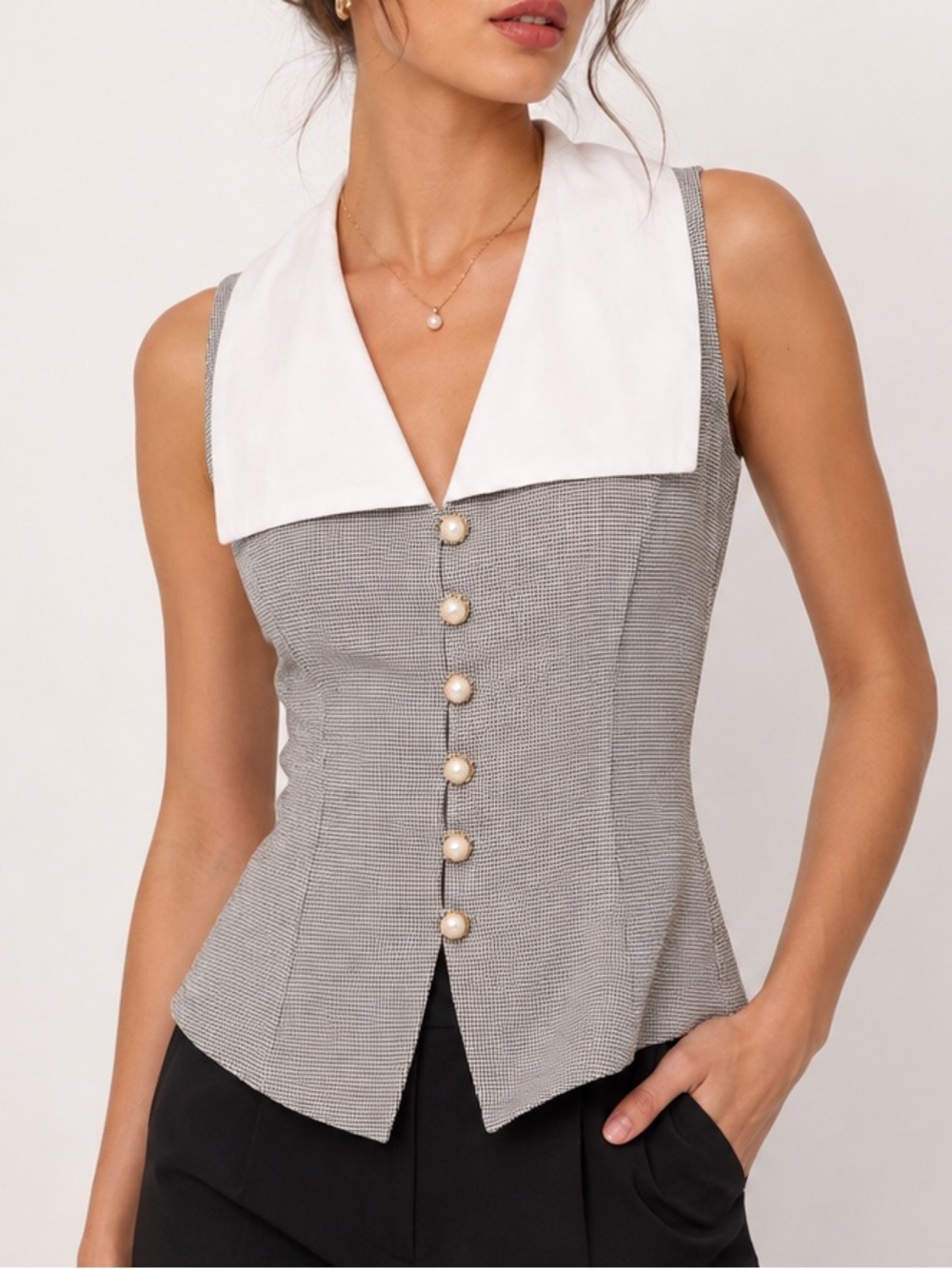 Vintage Dawn Joy Fashions Houndstooth Sleeveless Vest Top Pearl Button Blouse